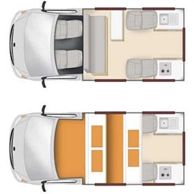4 Berth キャンパーバンの昼と夜の内装イメージ