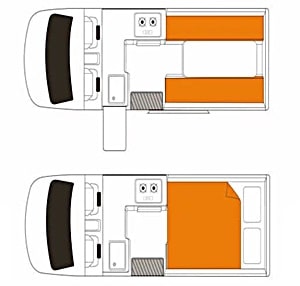 2 Berth HiTopキャンパーバンの昼と夜の内装イメージ