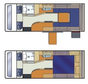 2Berthモーターホームの昼と夜の内装イメージ