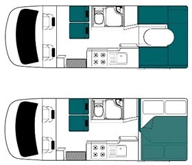 4Berthモーターホームの昼と夜の内装イメージ