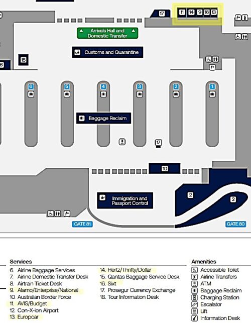 ブリスベン空港国際線ターミナル内にあるレンタカー会社とその受付カウンターの場所