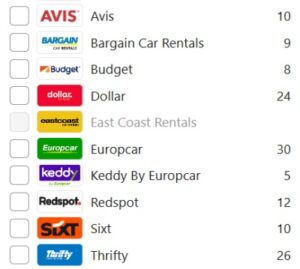 Rentalcars.com でホバート空港からのレンタカー検索結果から空港内に受付カウンターのある会社を絞り込み検索結果
