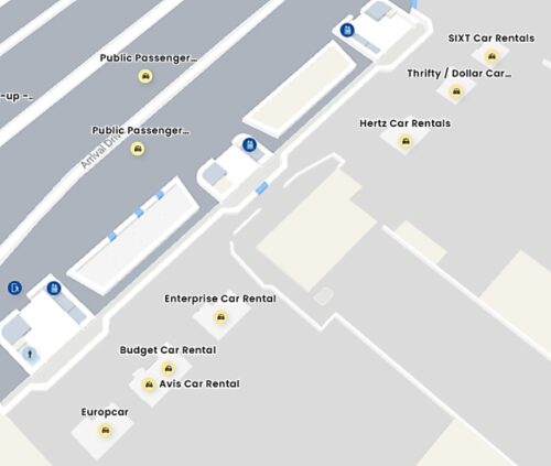 メルボルン空港国際線ターミナル内にあるレンタカー会社とその受付カウンターの場所
