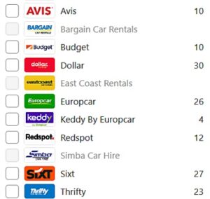 Rentalcars.com でパース空港からのレンタカー検索結果から空港内に受付カウンターのある会社を絞り込み検索結果