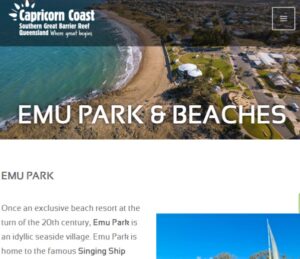 エミューパークとそのビーチを紹介したカプリコーンコースト観光局のサイトページ