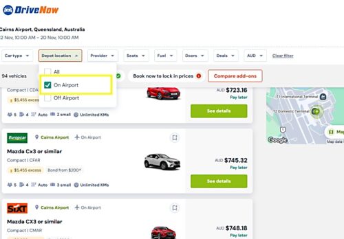 Drivenowケアンズ空港格安レンタカー受付カウンターが空港内だけの検索結果を絞り込む