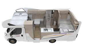 トイレ、シャワー付きの4Berthキャンパーバンの車内レイアウト(夜間)イメージ
