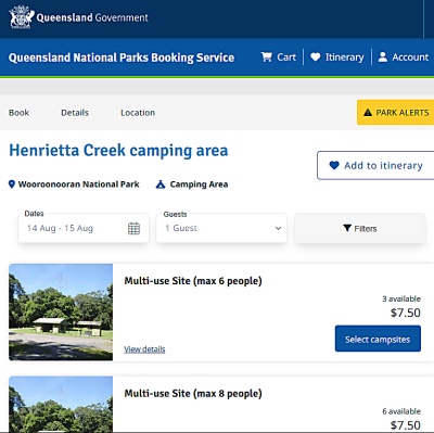 ヘンリエッタ・クリーク・キャンピング・エリアのオンライン予約ページ