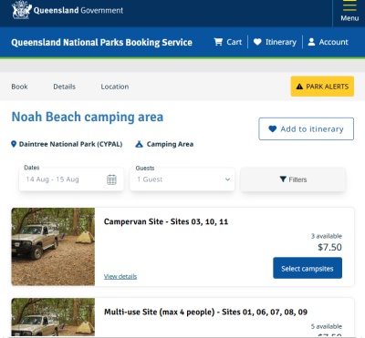 ノア・ビーチ・キャンピング・エリアのQueensland National Parks Booking Serviceでのオンライン予約ページ