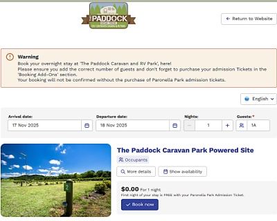 パロネラパークのキャラバンパークのオンライン予約ページ1