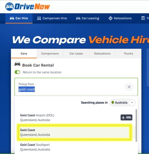 Drivenow でのゴールドコースト市内のレンタカーを検索手順その1