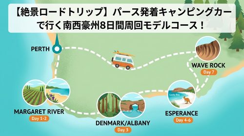 パース発着マーガレットリバー、エスペランス、ウェイブロック周遊8日間ロードトリップイメージマップ