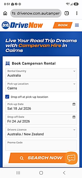 DrivenowのCampervan-Hire でのLocation をCairnsにしたサイトページ