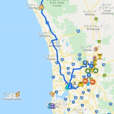 パース郊外ピナクルズ、スワンンバレー、ロッキンハム、マーガレットリバーへのレンタカー周遊日本語グーグルマップ